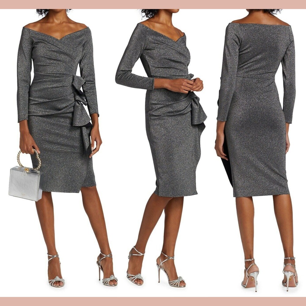 NWT$750 Chiara Boni [ 16‎ US/ 52 ] Silveria Sugar Lurex Ruffle Dress Silver